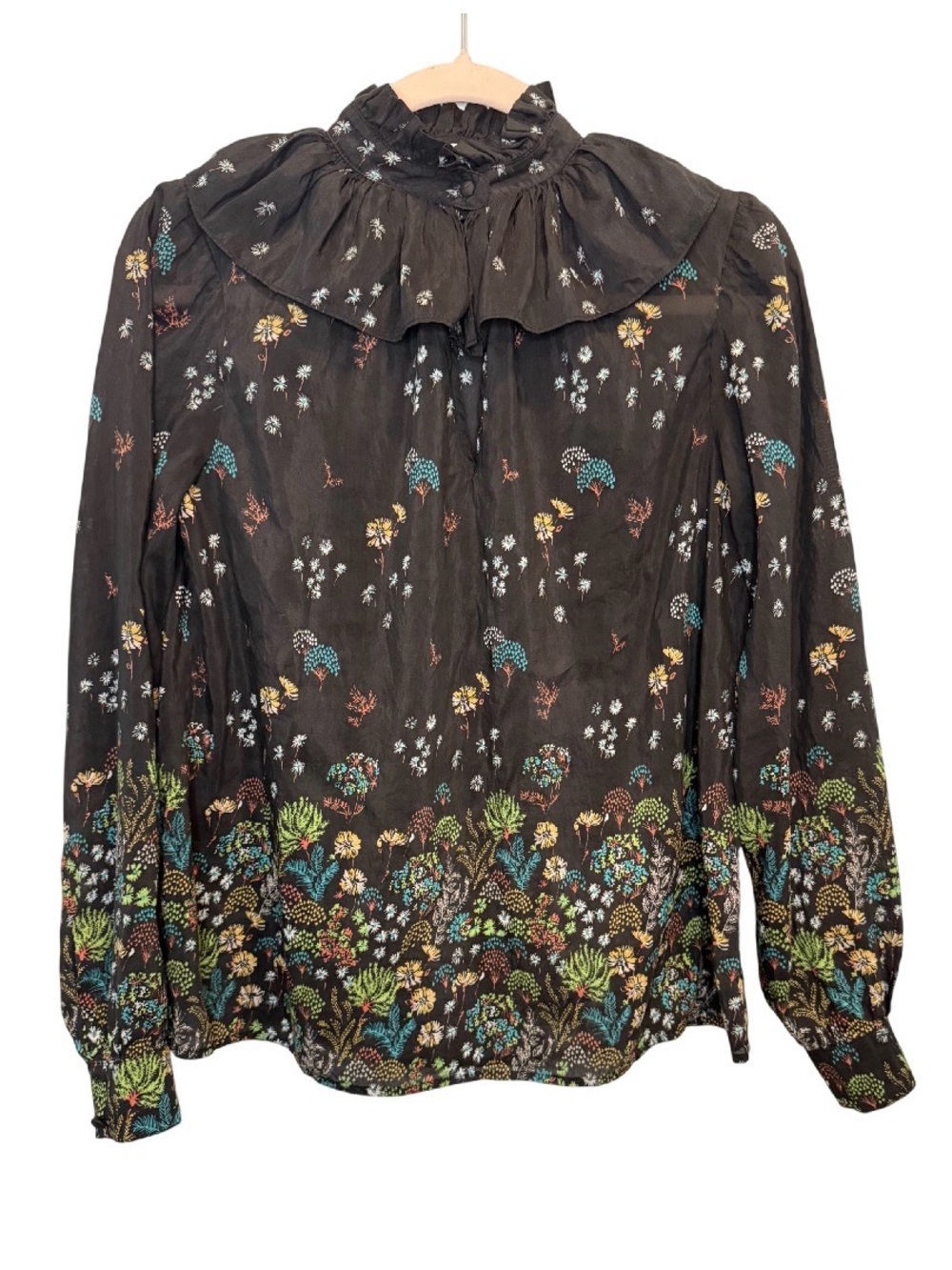 MANOUSH Black Floral Ruffle Collar Long Sleeve Blouse Top Size 34 (US 2 / XS)